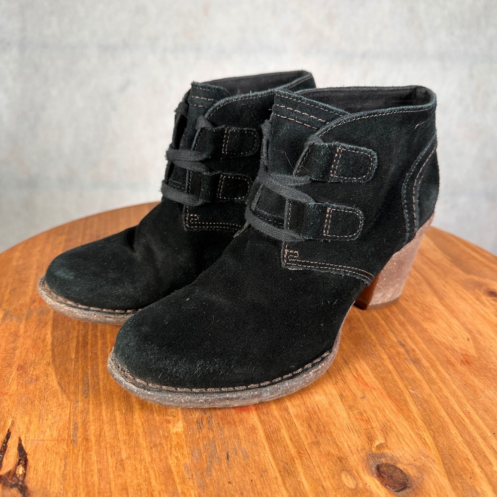 Clarks Suede Ankle Boots Women 6 Black Good Lace Up Block Heel 261204294060